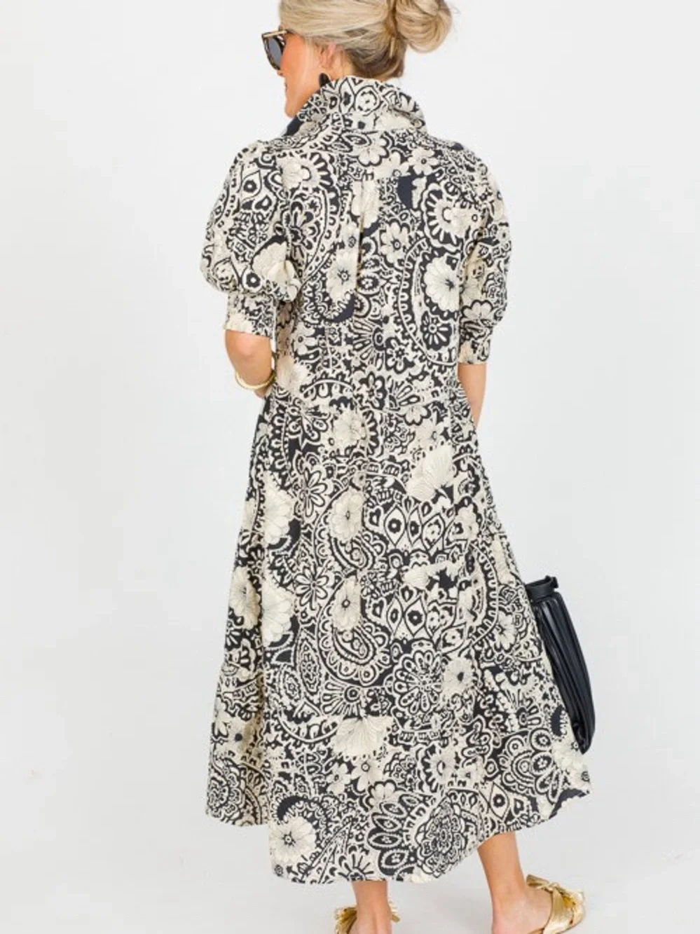 Umgee Black & Cream Floral Paisley Midi Dress - Picture 2 of 4